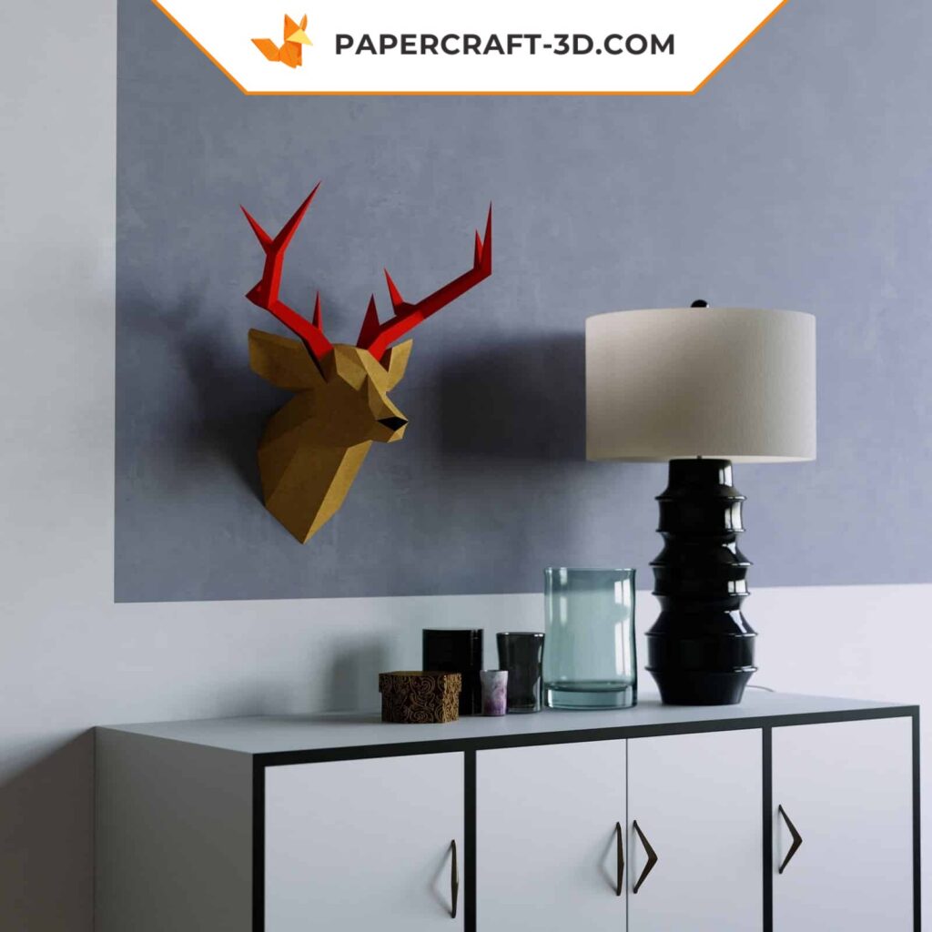 Papercraft cabeça de cervo mural em origami 3D