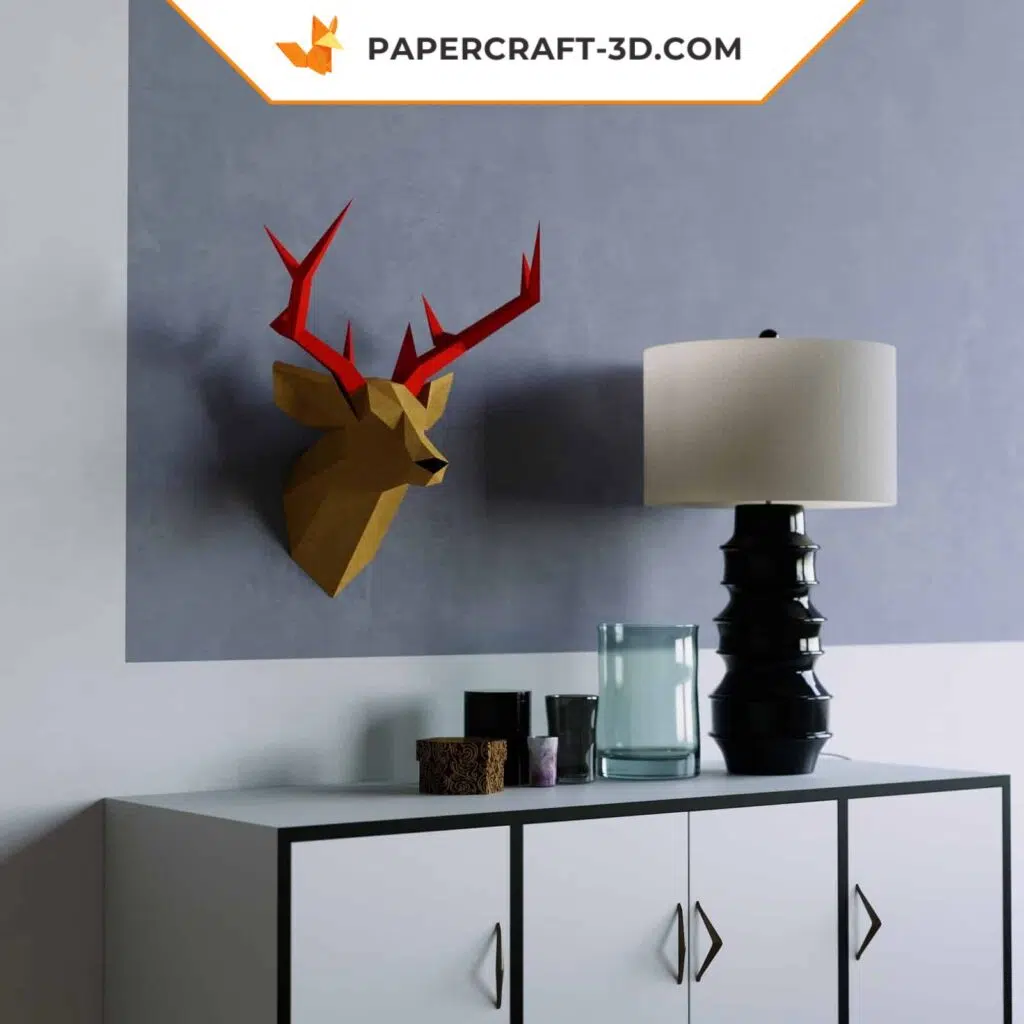 Papercraft testa di cervo murale in origami 3D, vista 4