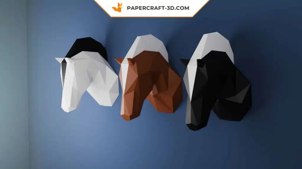 Papercraft tête de cheval origami papier 3D, weergave 2