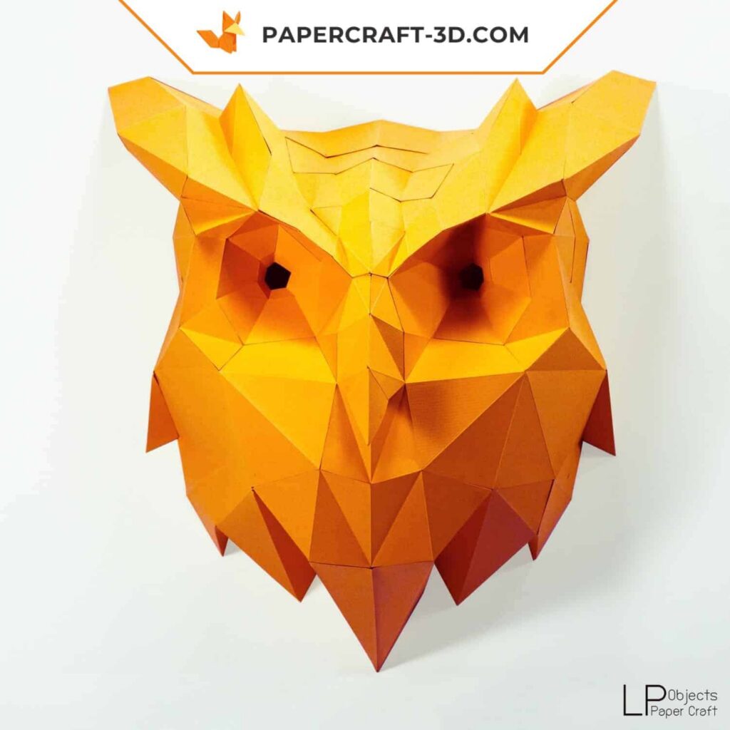 Papercraft cabeça de coruja mural em origami 3D