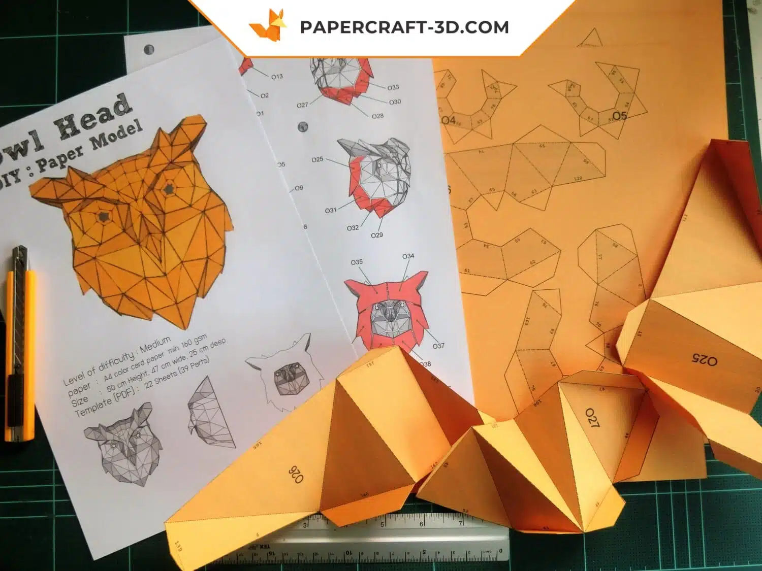 Papercraft Tête de Chouette origami papier 3D, weergave 4