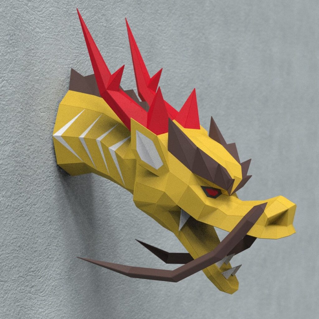 Papercraft cabeza de dragón chino en origami 3D