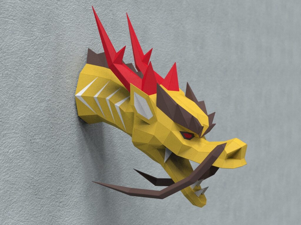 Papercraft cabeça de dragão chinês em origami 3D para parede