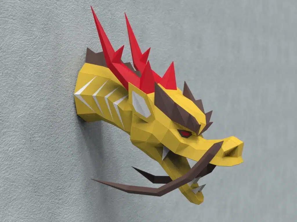Papercraft tête de dragon chinois en origami papier 3D, weergave 2