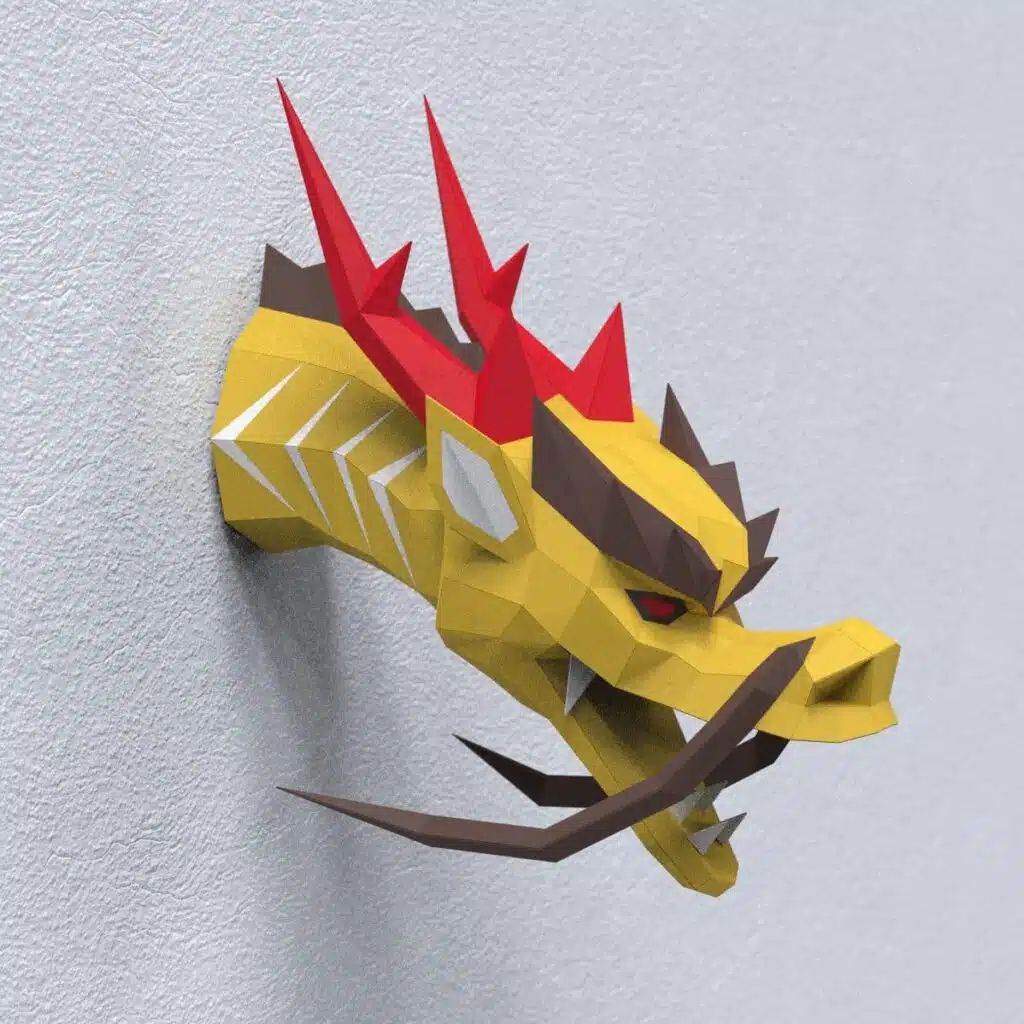 Papercraft chinesischer Drachenkopf als 3D-Origami für die Wand