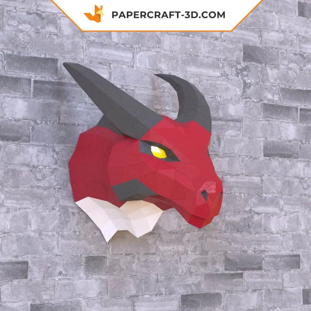 Papercraft cabeza de dragón rojo en origami 3D