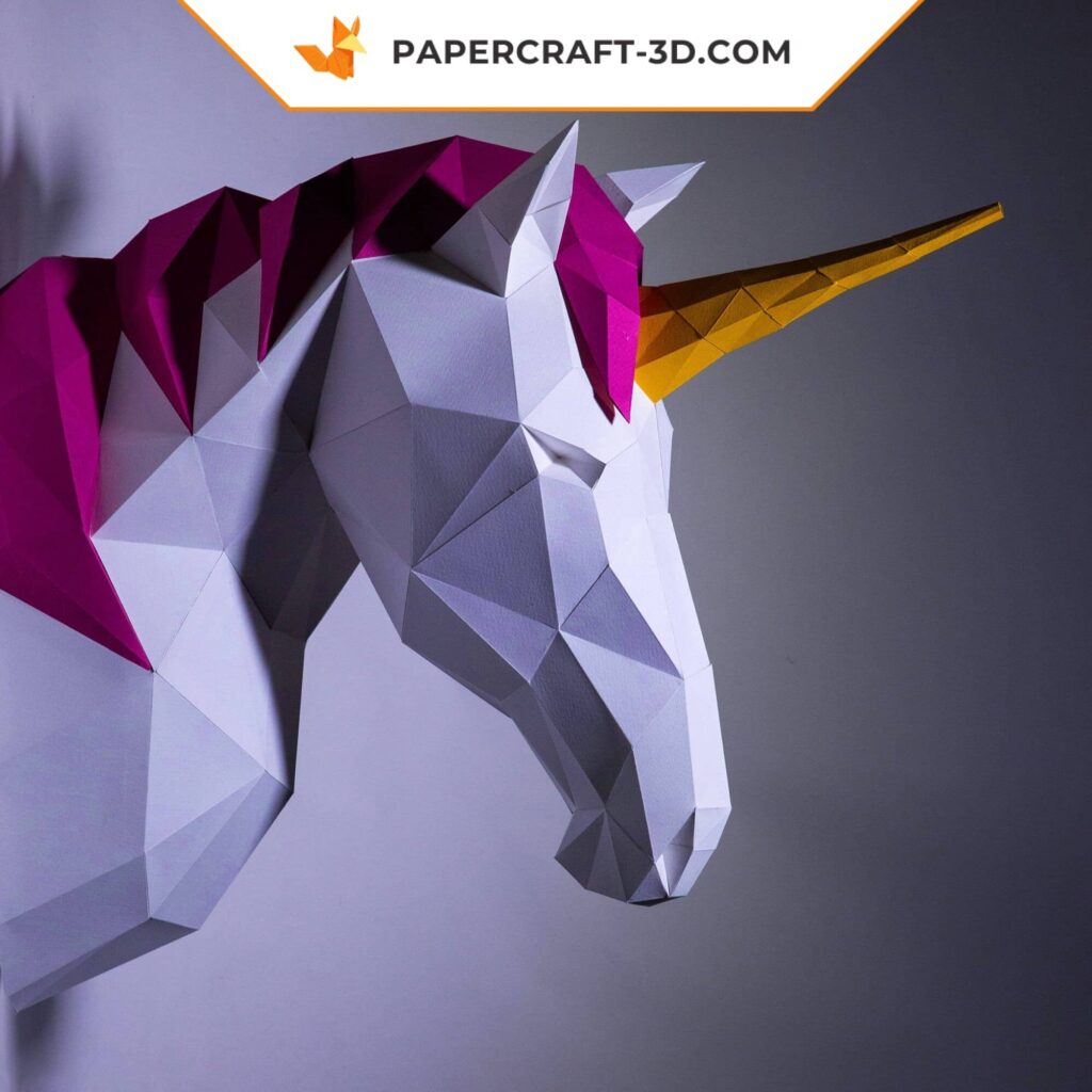 Papercraft unicorn head in 3D origami