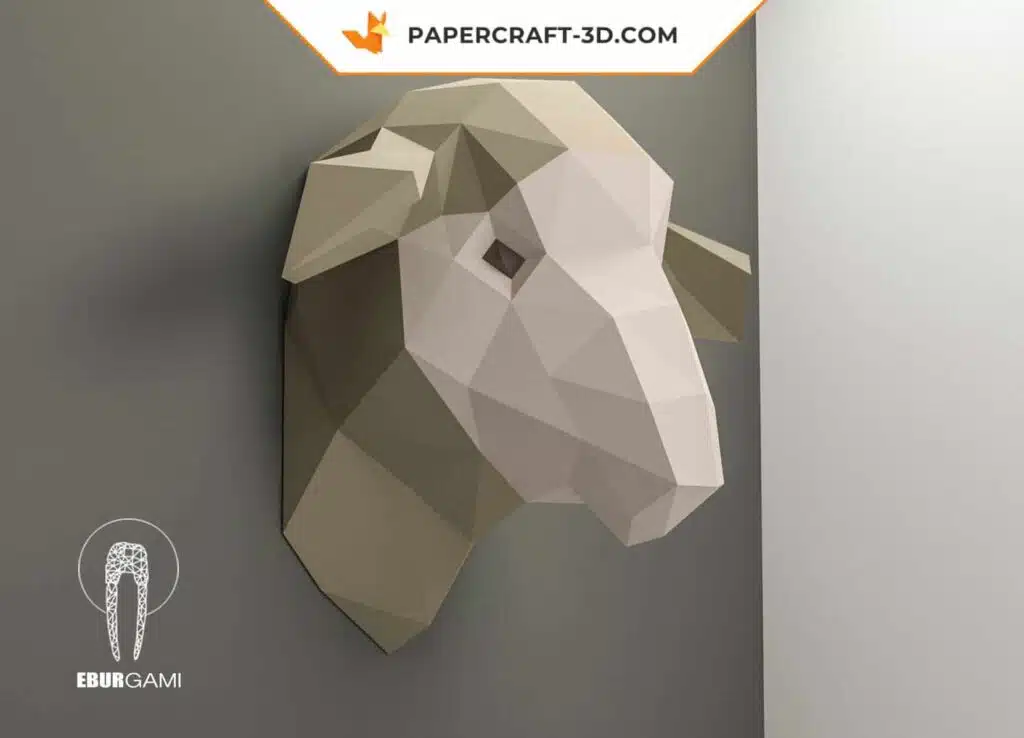 Papercraft de cabeza de oveja en origami, vista 3