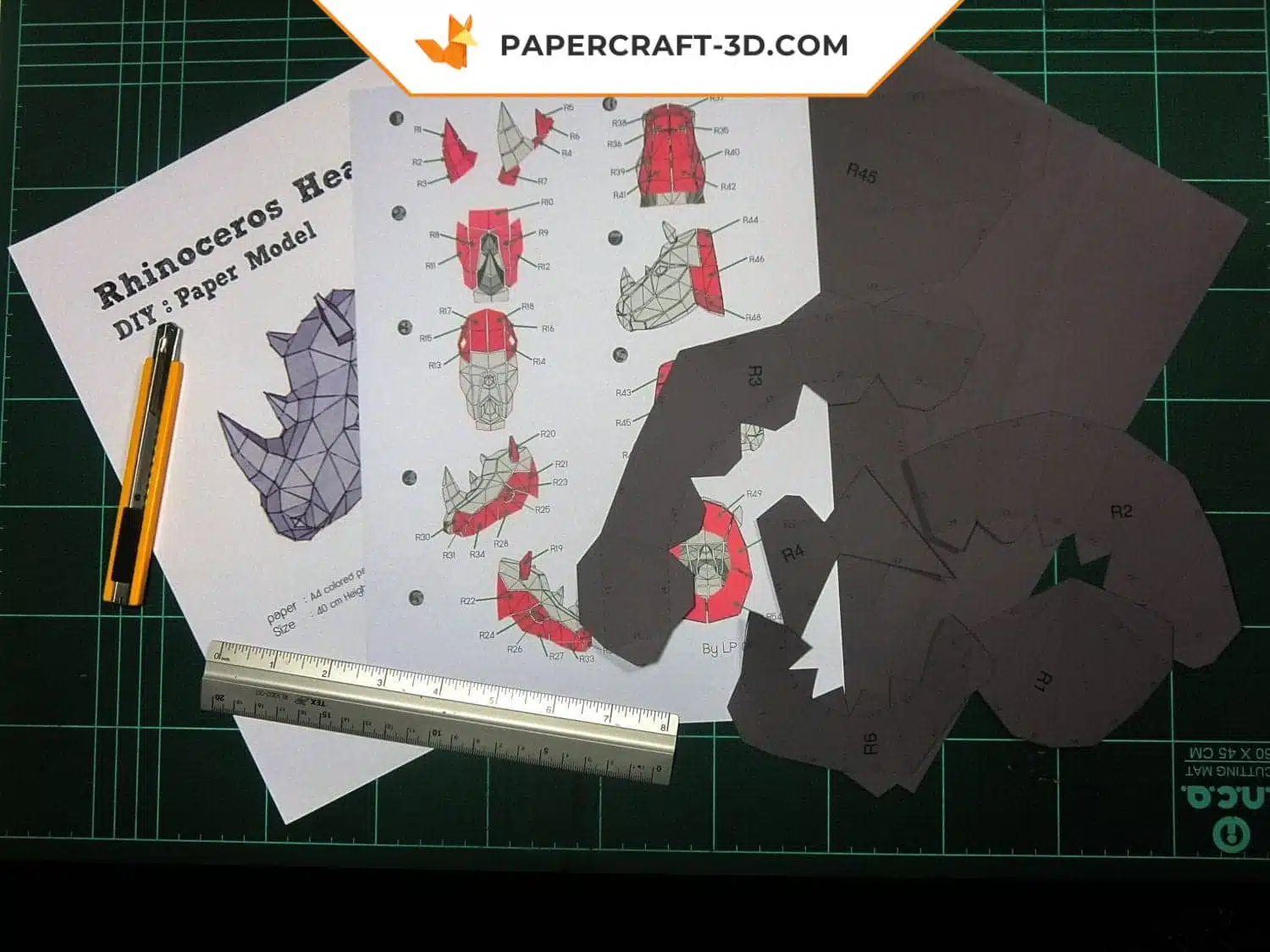 Papercraft Tête de Rhino origami papier 3D à télécharger, weergave 4