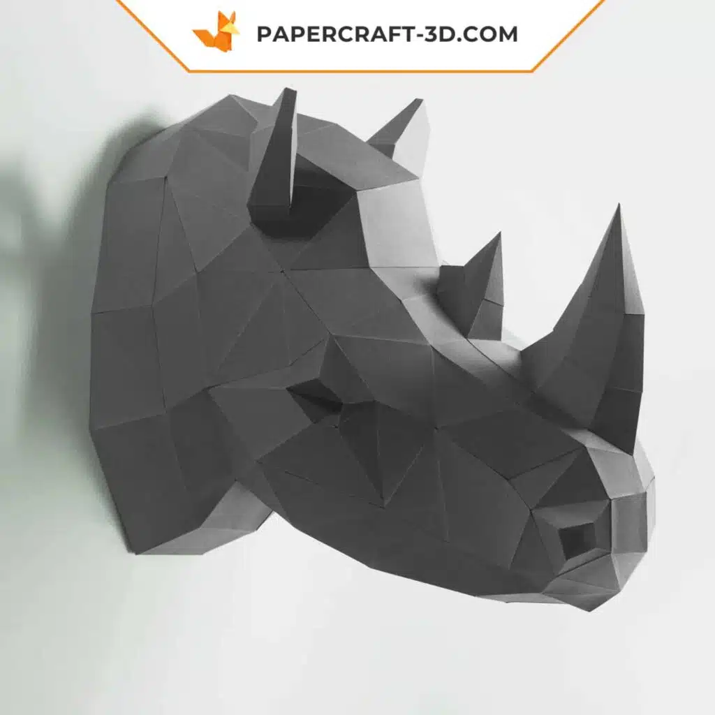 Papercraft rhinoceros head wall in 3D origami