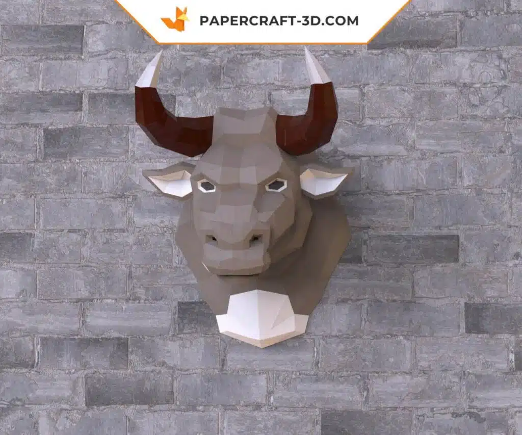 Papercraft testa di toro marrone in origami, vista 2