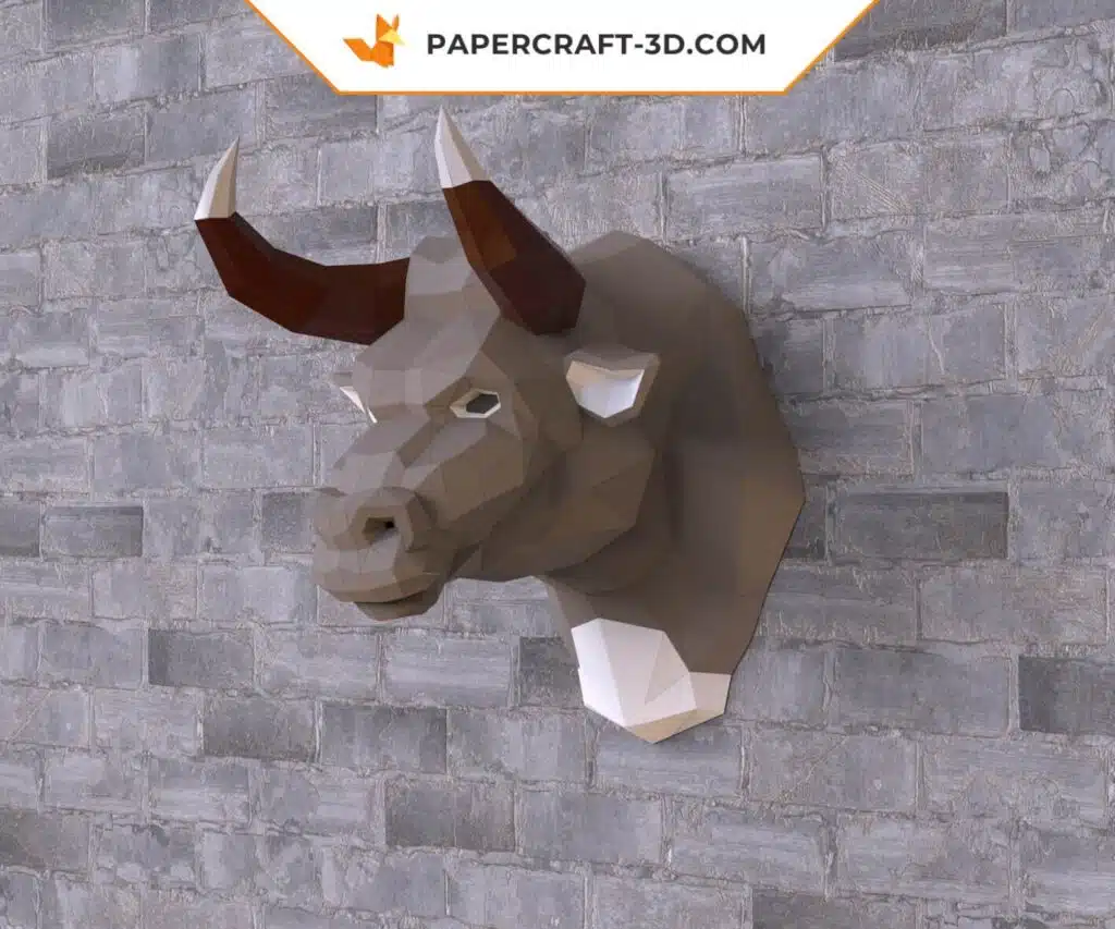 Papercraft testa di toro marrone in origami, vista 3