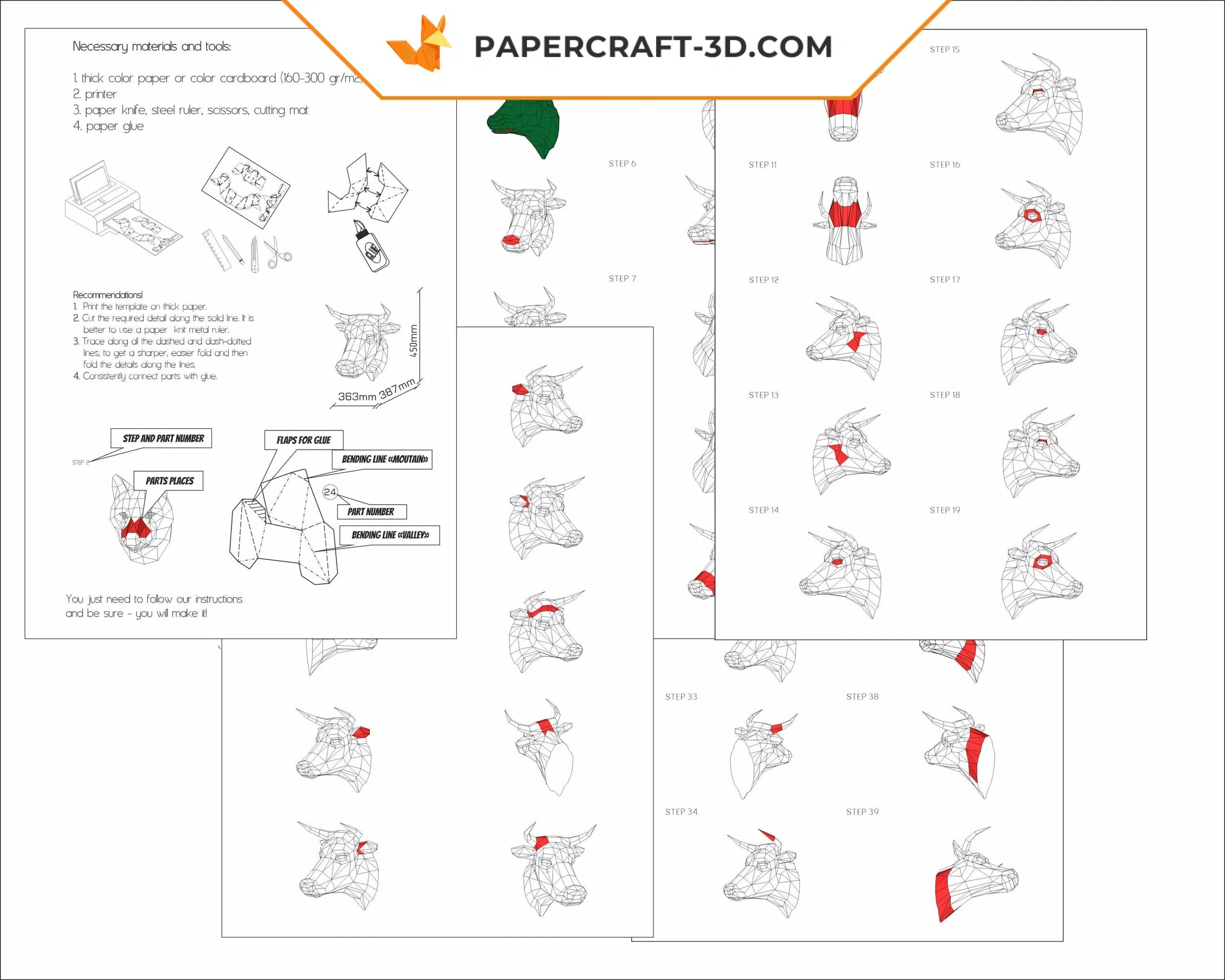 Papercraft tête de taureau en origami papier 3D DIY, weergave 6