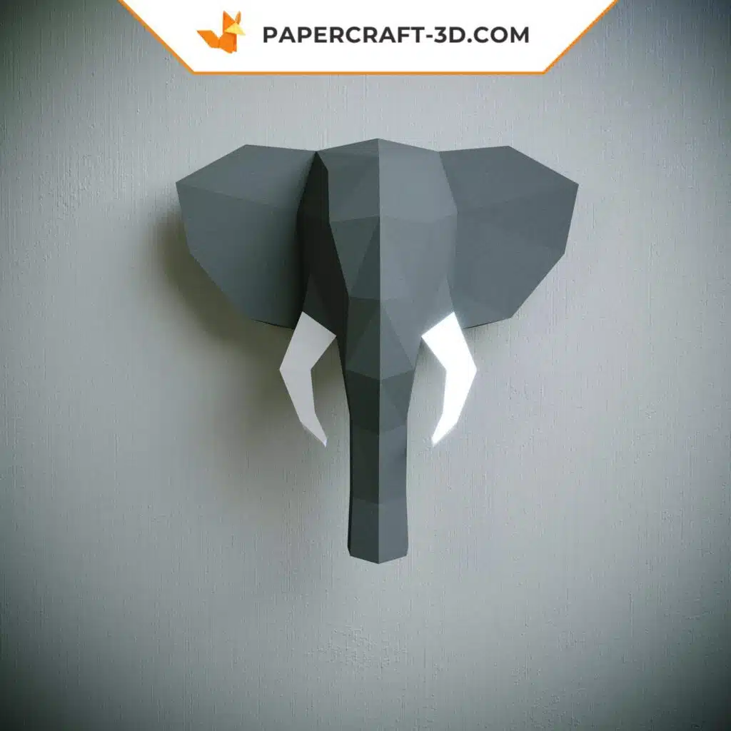 Papercraft tête d&rsquo;éléphant origami papier 3D, weergave 2