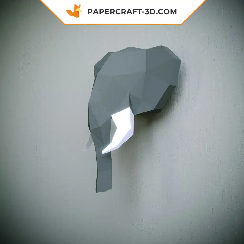 Papercraft tête d&rsquo;éléphant origami papier 3D, weergave 3