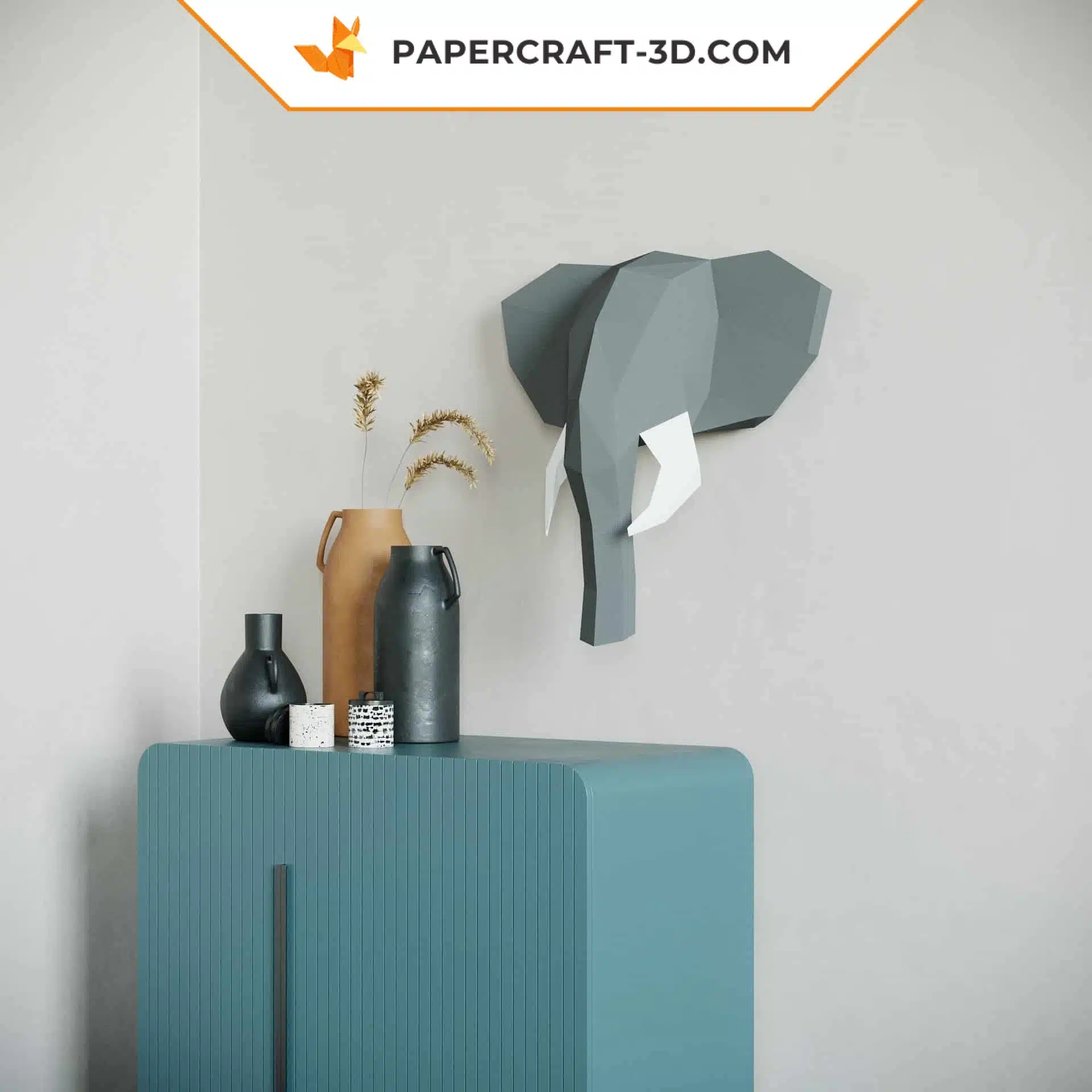 Papercraft tête d&rsquo;éléphant origami papier 3D, weergave 4