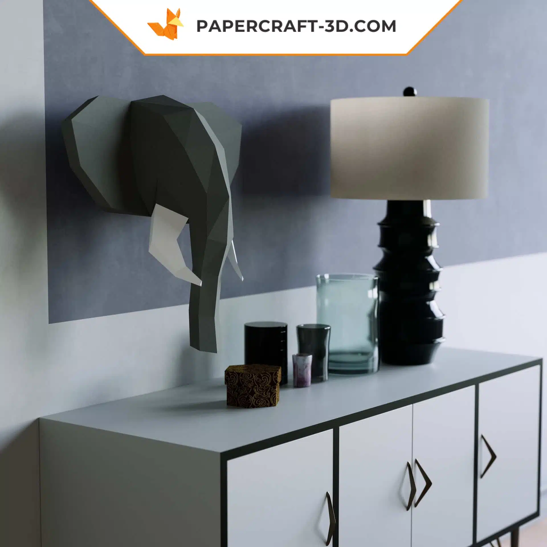 Papercraft tête d&rsquo;éléphant origami papier 3D, weergave 5