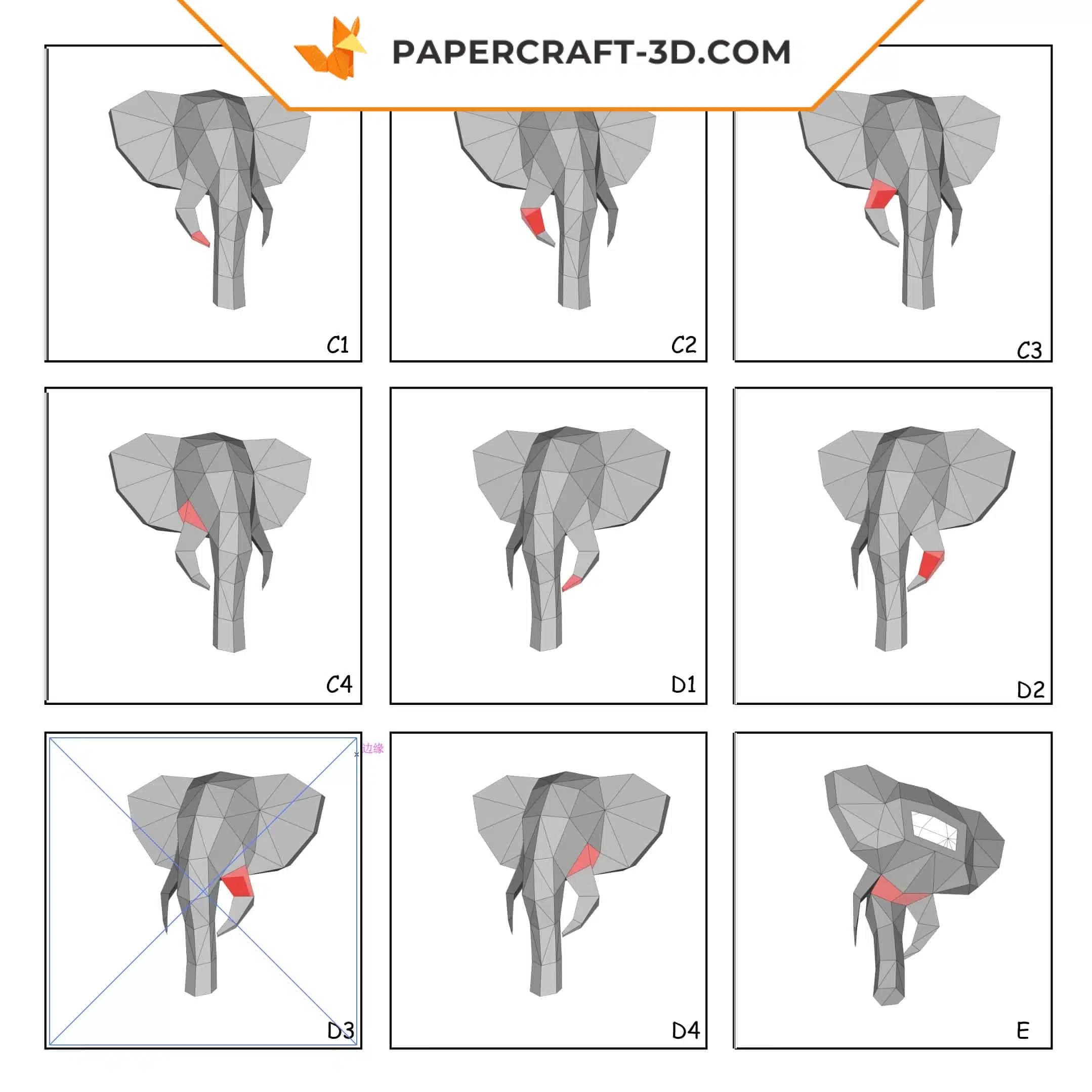 Papercraft tête d&rsquo;éléphant origami papier 3D, weergave 7