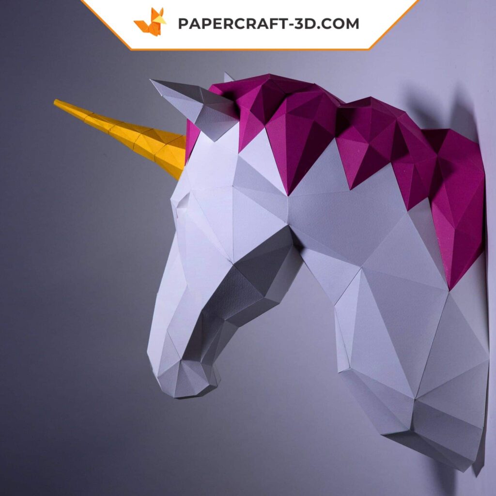 Papercraft unicorn head in 3D origami