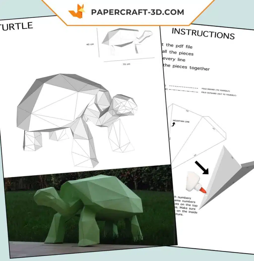 Papercraft de tartaruga em origami 3D, vista 4