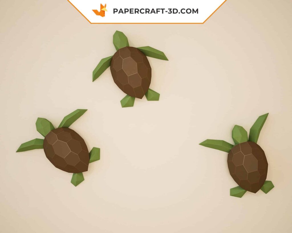 Papercraft de pequenas tartarugas marinhas de parede em origami 3D