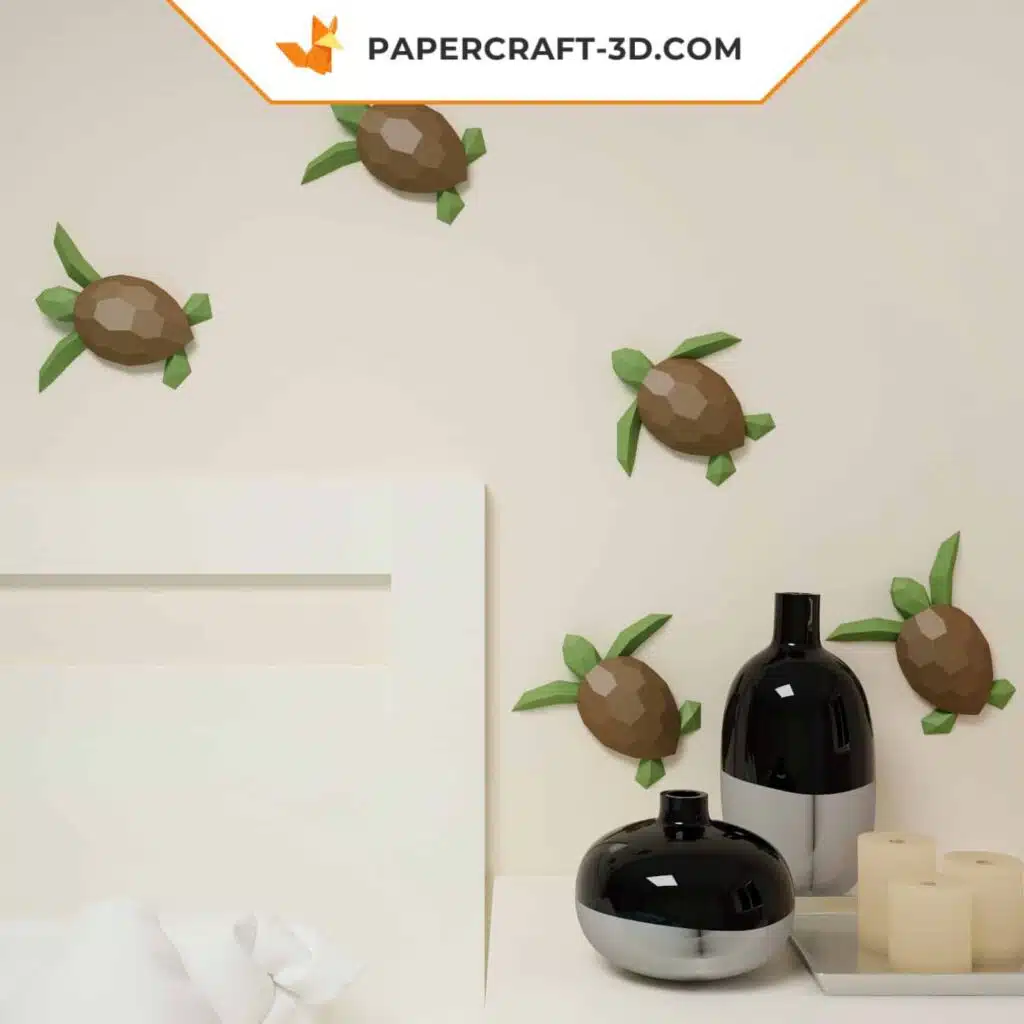 Papercraft of small sea turtles wall art in 3D origami