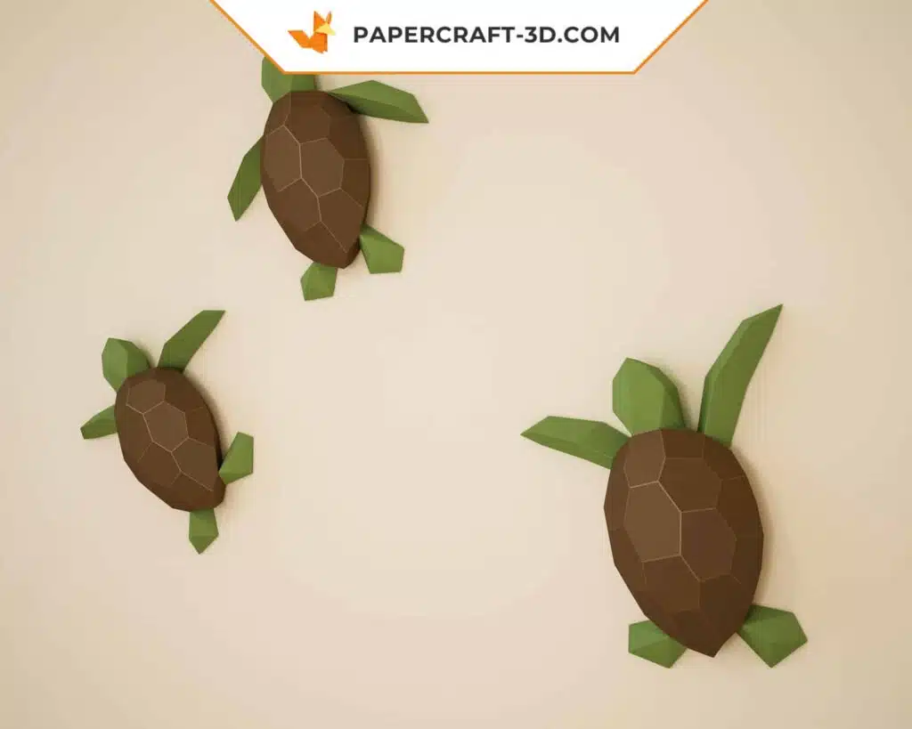 Papercraft kleiner Meeresschildkröten als 3D-Origami für die Wand, Ansicht 3