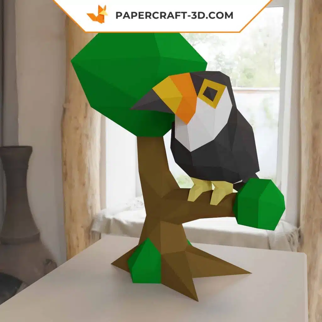3D-Origami-Papercraft-Tukan auf einem Ast