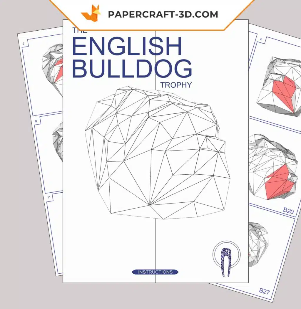 Papercraft Trophée Bulldog Anglais en papier 3D origami, vue 2