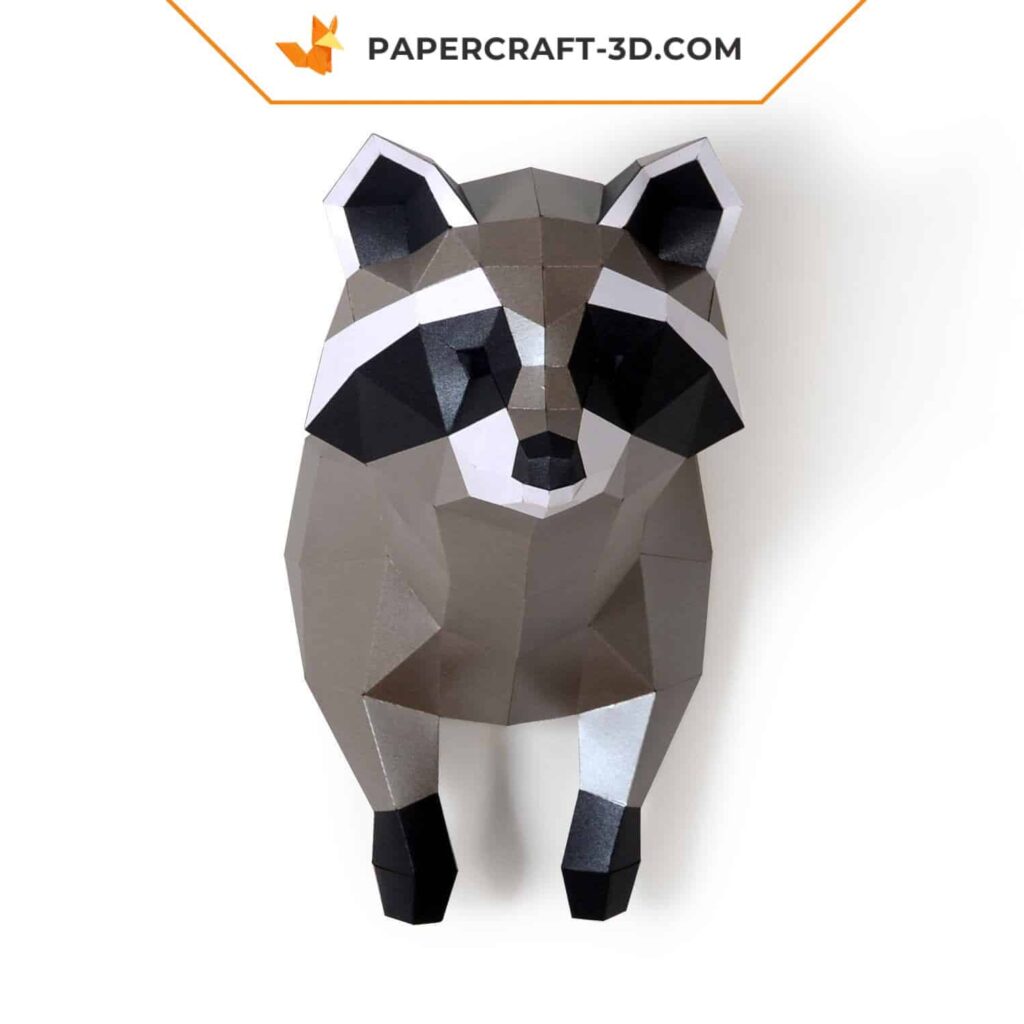 Papercraft raccoon wall trophy in 3D origami