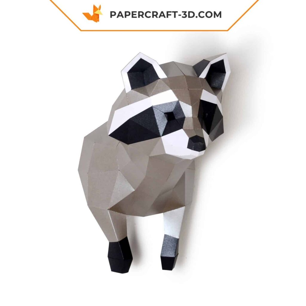 Papercraft raccoon wall trophy in 3D origami