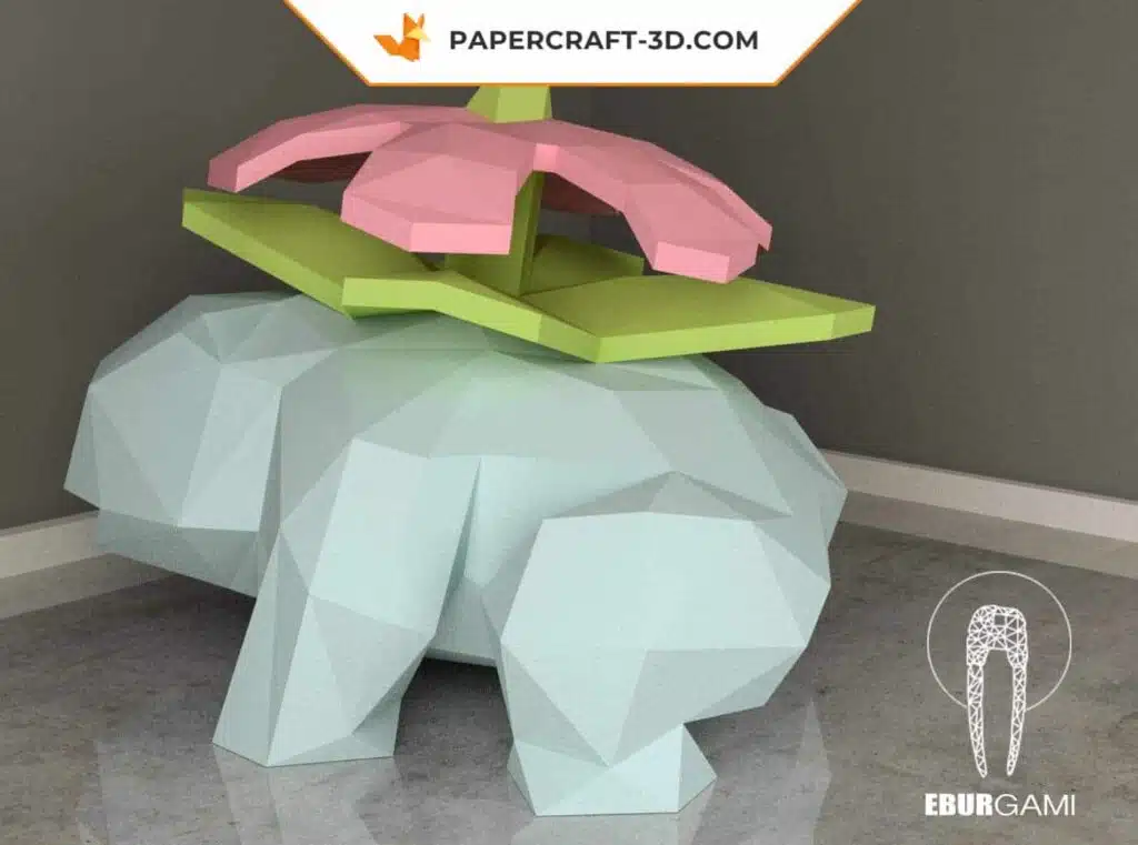 Papercraft di Venusaur Pokémon in origami 3D, vista 3