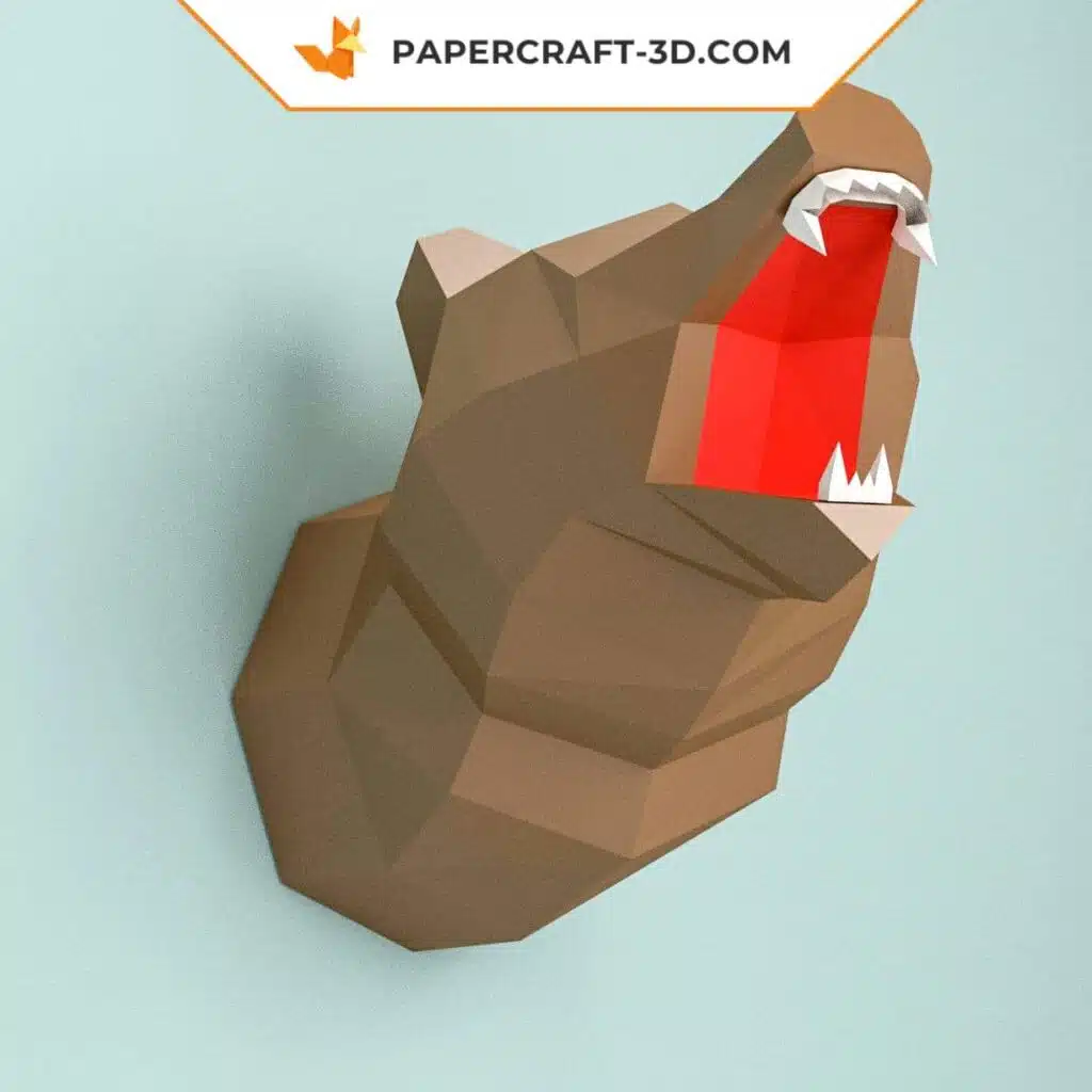 Papercraft bear head trophy in origami