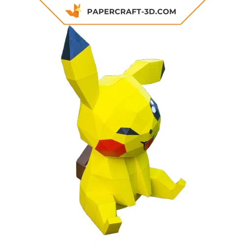 Papercraft Pikachu assis en origami papier 3D, vue 3