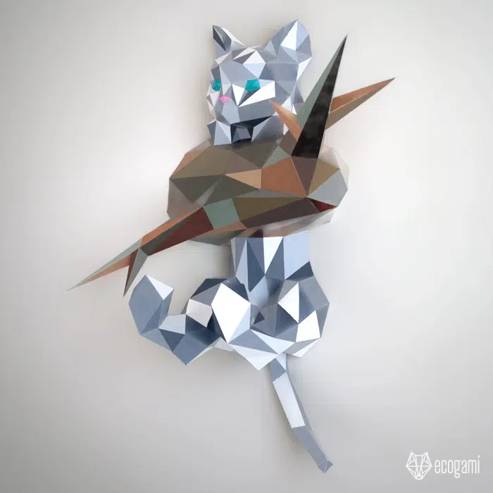 Papercraft Katze auf ihrem Ast Origami Papier 3D