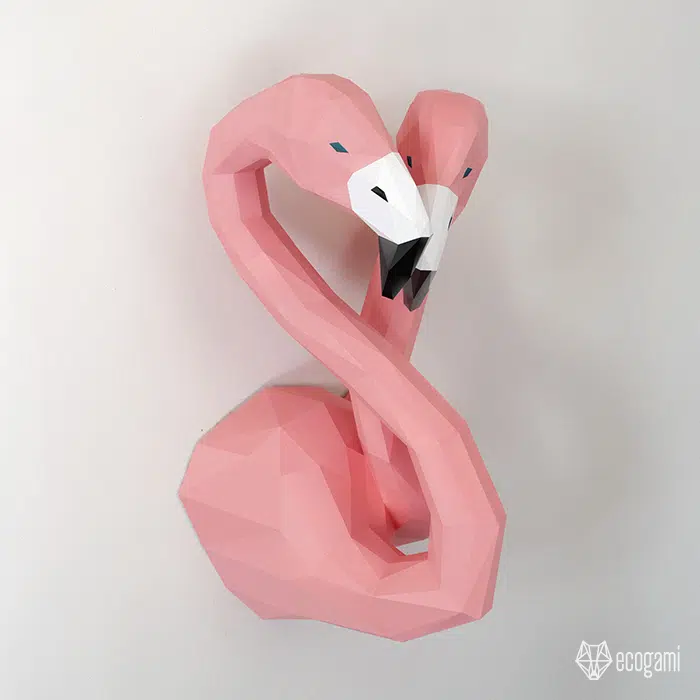 Papercraft kop van roze flamingo’s in liefde in 3D-origami, weergave 3