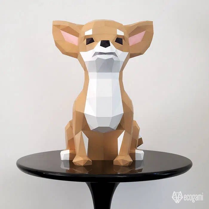 Origami 3D chihuahua zittend, weergave 3
