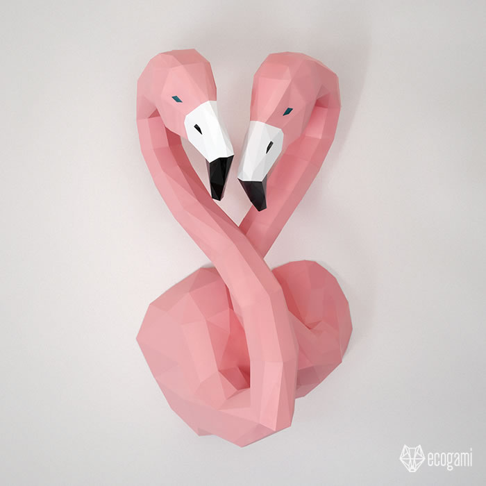 Papercraft tête de flamants rose en amoureux en origami 3D Papercraft tête de flamants rose en amoureux en origami 3D