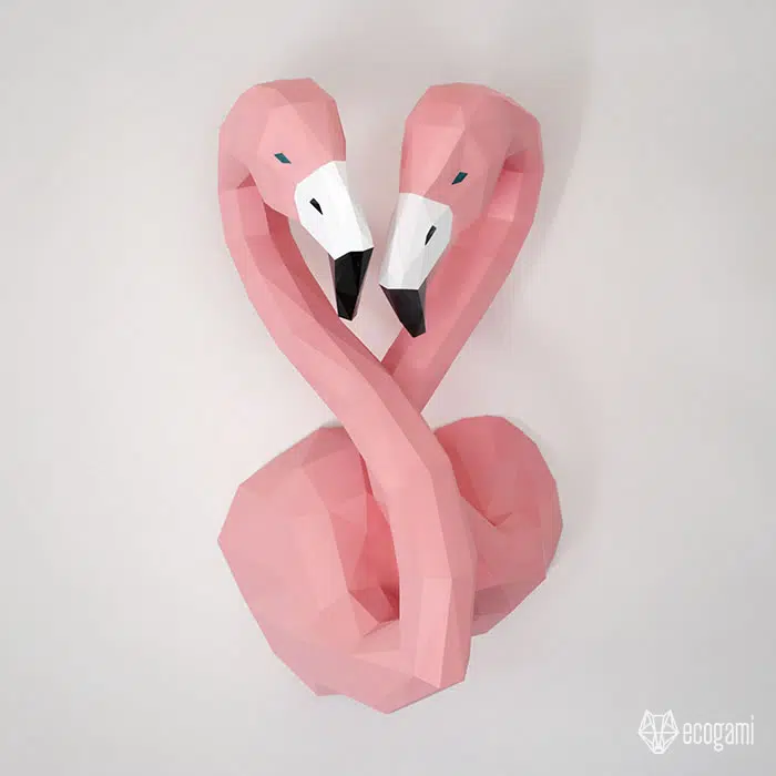 Papercraft cabeça de flamingos apaixonados em origami 3D