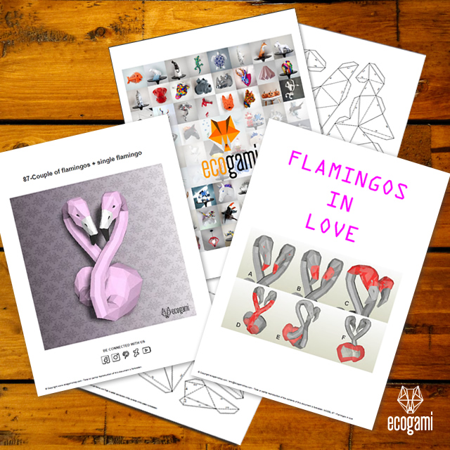 Papercraft tête de flamants rose en amoureux en origami 3D