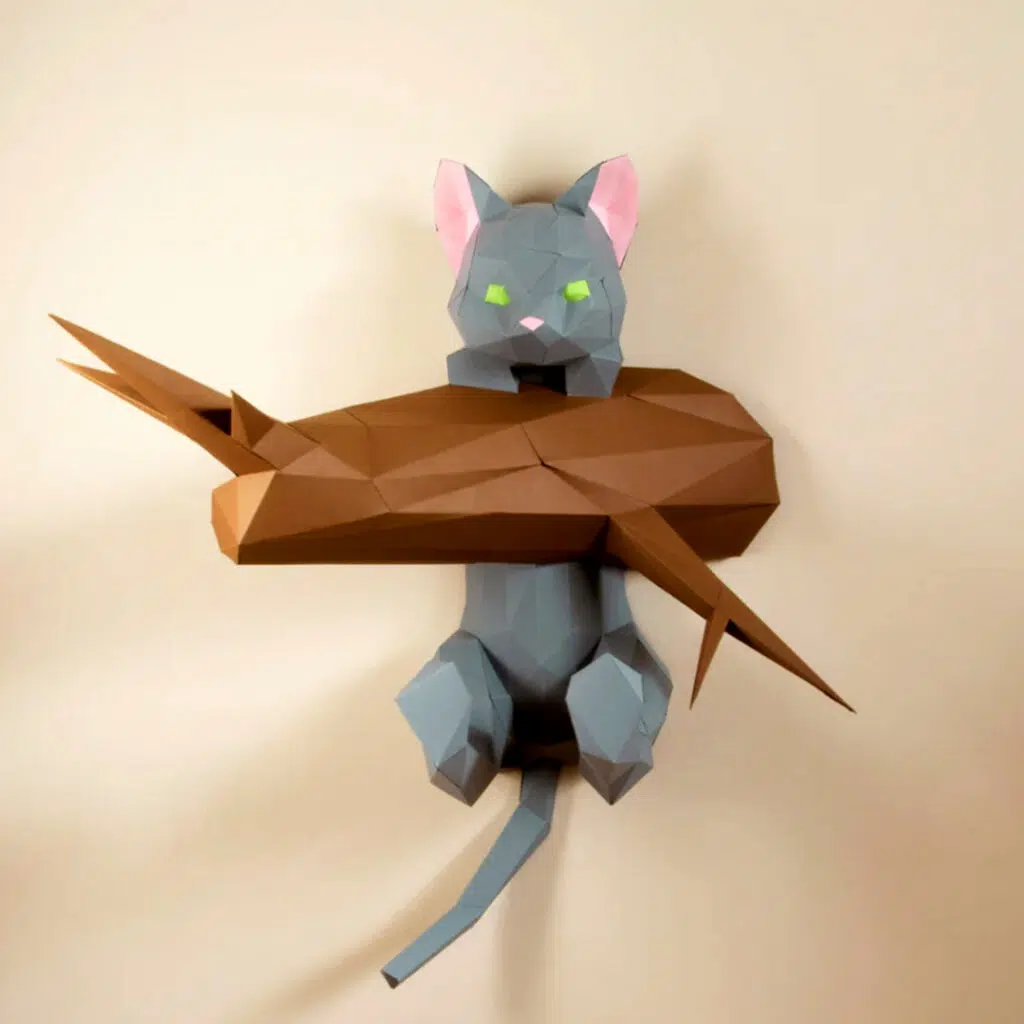 Papercraft chat sur sa branche origami papier 3D