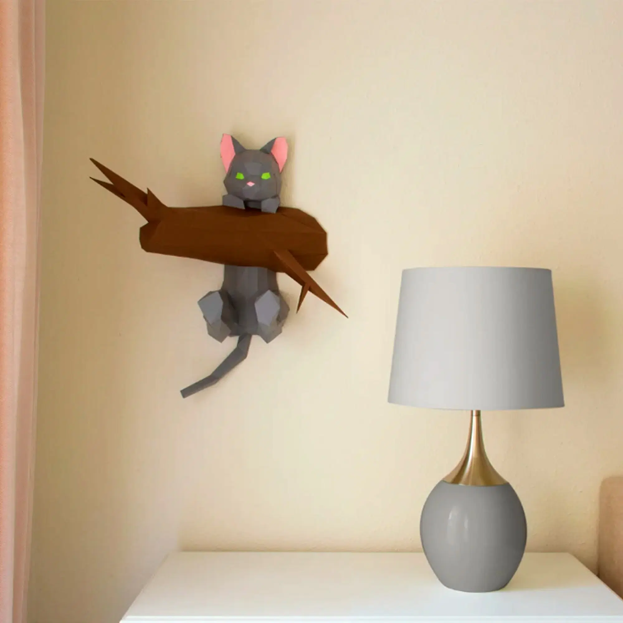 Papercraft Katze auf ihrem Ast Origami Papier 3D, Rückansicht