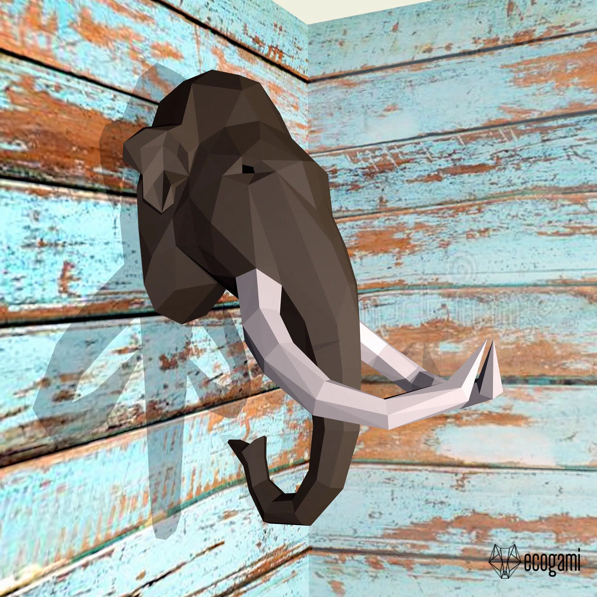 Papercraft testa di mammut murale in origami 3D, vista posteriore