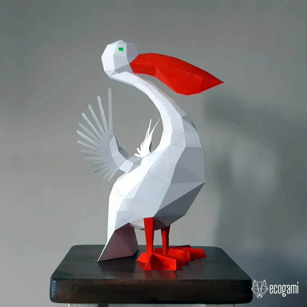 Papercraft van pelikanen in 3D-origami, weergave 3