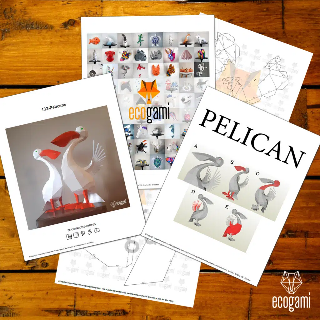 Papercraft van pelikanen in 3D-origami, weergave 2