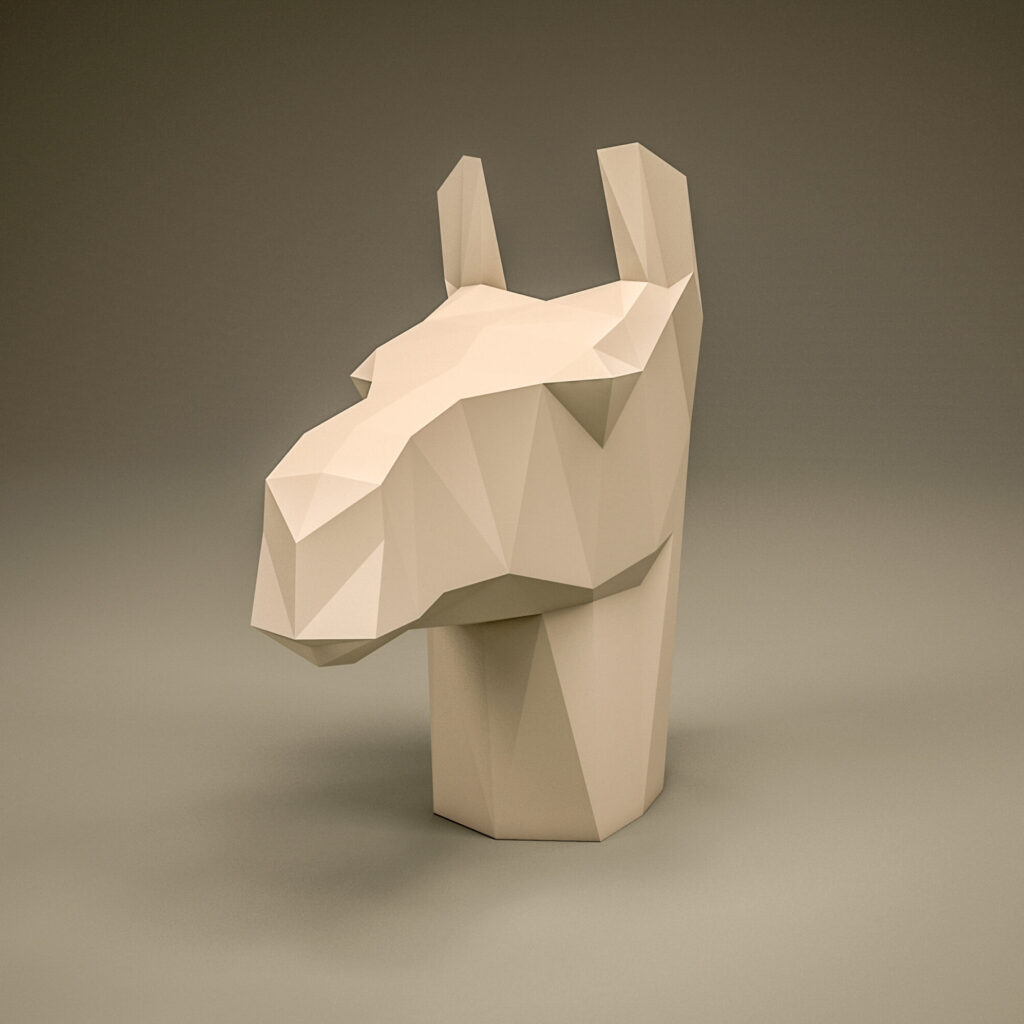 Papercraft llama head to display in 3D origami