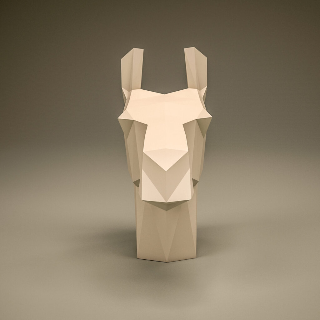 Papercraft llama head to display in 3D origami