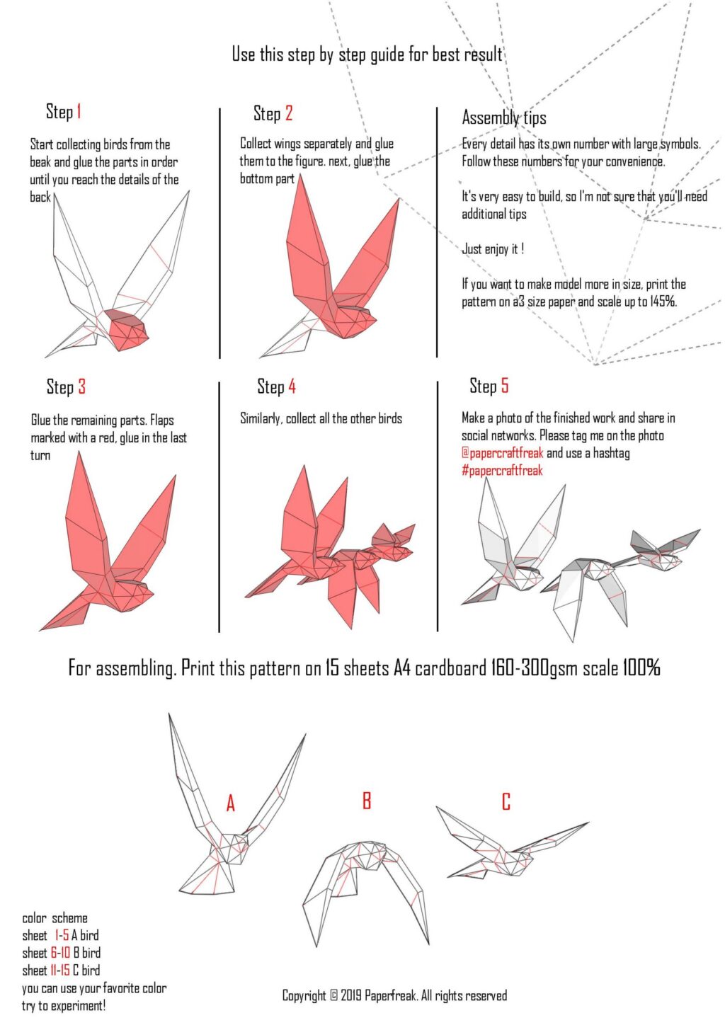 Papercraft de pássaros voando em origami 3D