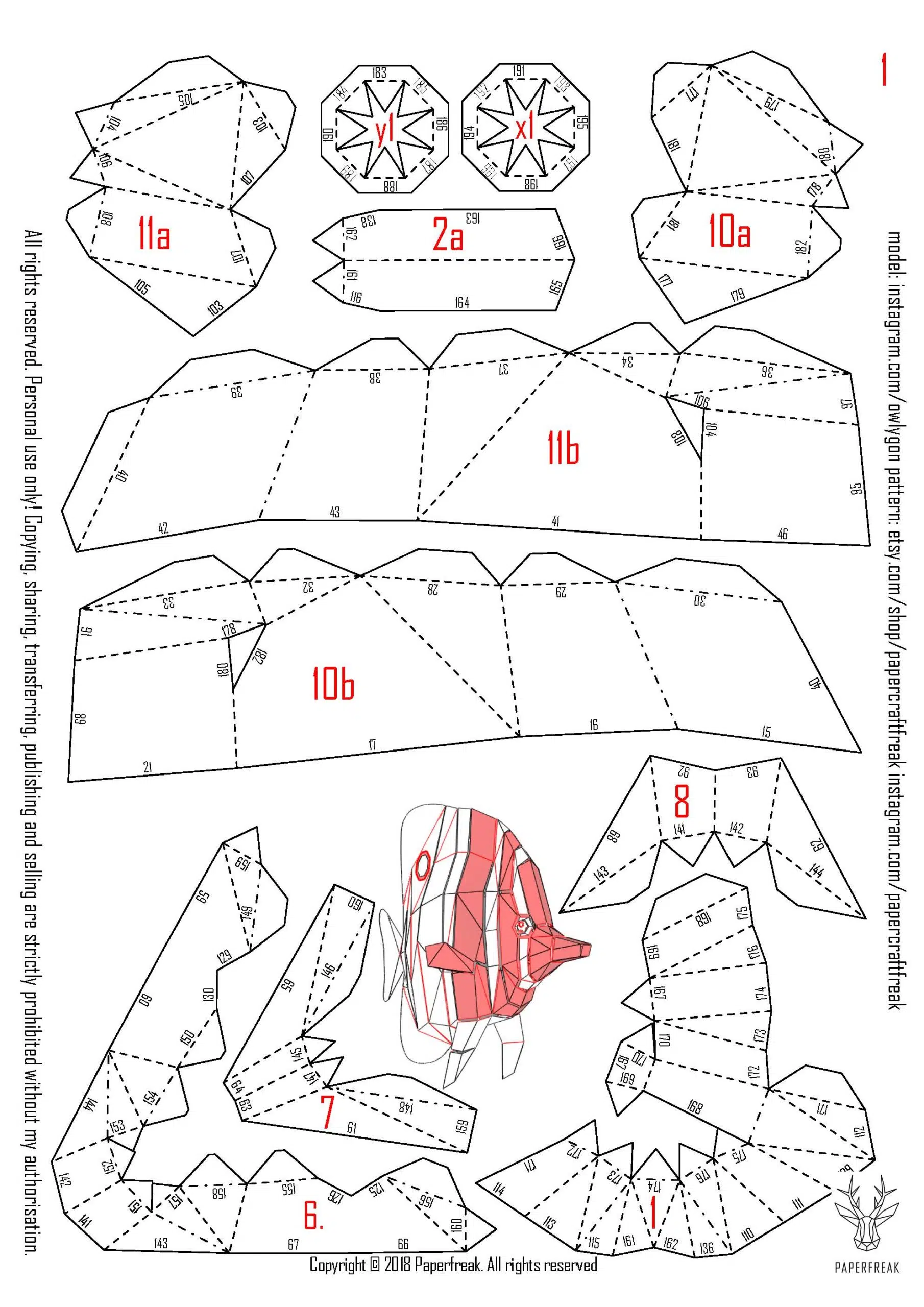 3D origami papercraft butterfly fish, side view