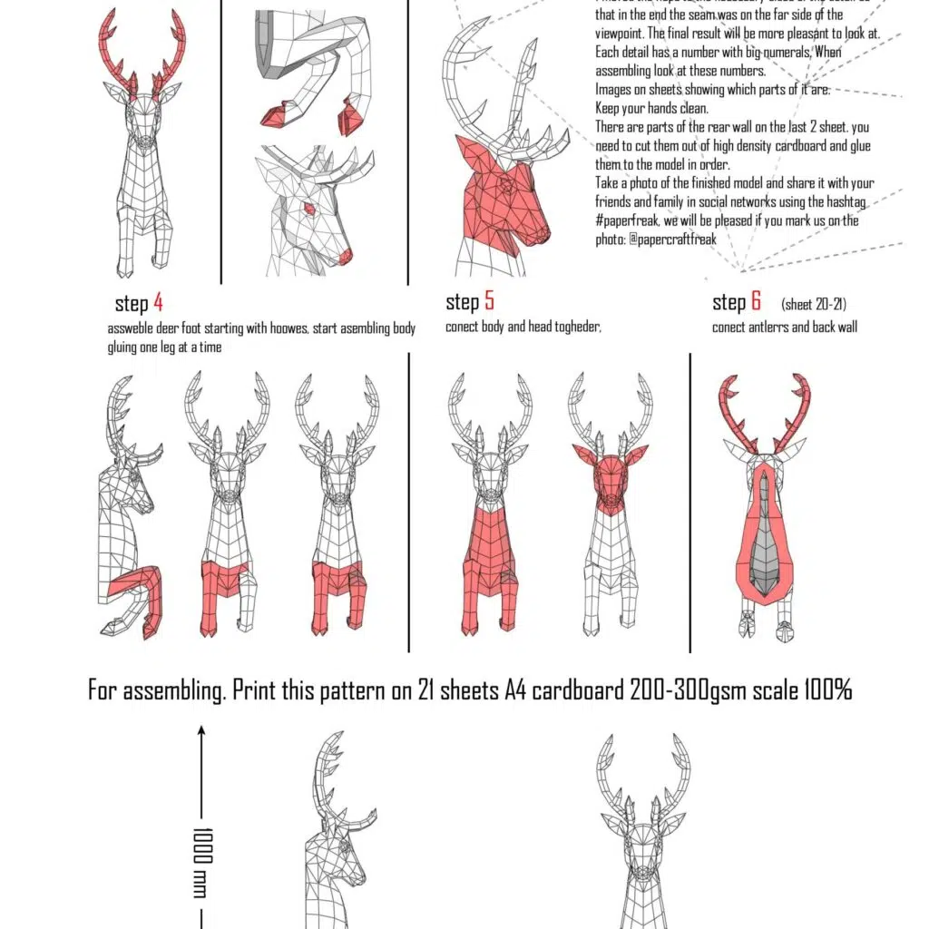 Papercraft deer emerging from wall in 3D origami